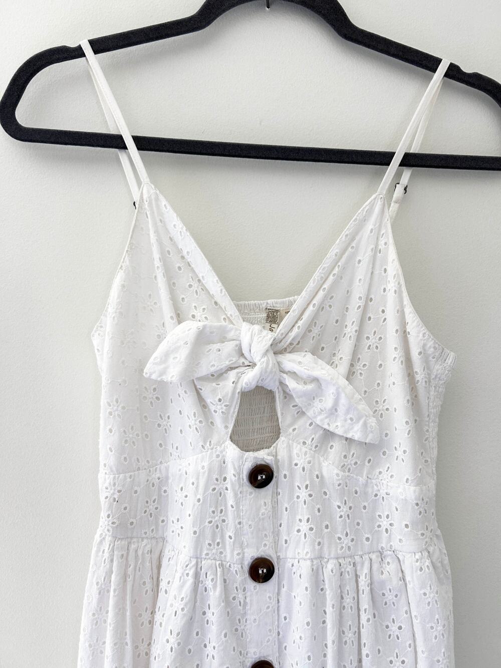 White Eyelet Midi Dress - Button Skirt, Tie Bust, Smocked, Adjustable - Sz XS